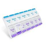 EZY DOSE Push Button (7-Day) Pill Case, Medicine Planner, Vitamin Organizer, 2 Times a Day AM/PM, X-Large Compartments, Arthritis Friendly, Clear Lids, Purple and Blue, BPA Free