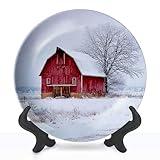 Decorative Plates for Display with Stand Winter Barn Iowa Minnesota Winter Farm Scenics Nature Snow Wisconsin Ceramic Dinner Plates for Wall Hanging Kitchen Housewarming Gifts Home Decor 10"