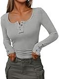 Kissfix Womens Long Sleeve Shirts Going Out Fall Clothes Casual Henley Tops Ribbed Knit Blouses Fashion Trendy Outfits Grey L