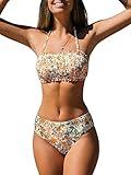 CUPSHE Bikini Set for Women Two Piece Swimsuit Bandeau Top Back Tie Floral Print Mid Waisted Bottom with Removable Shoulder Straps Multicolor