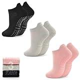 HYCLES Grips Pilates Ankle Socks Non-Slip Yoga Socks for Women Athletic Hospital Socks 3 Pairs, 5.5-9 Short, ①black+gray+pink