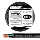 50ft 12/3 12 AWG Portable Power Cable (3 Conductor) - SJOOW 300V 12 Gauge Electric Wire for Motor Leads, Portable Lights, Battery Chargers and Machinery - 3 Conductor - 50 Feet Electrical Cord