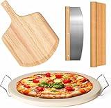 5 PCS Round Pizza Stone Set, 13" Pizza Stone for Oven and Grill with Pizza Peel(OAK),Serving Rack, Pizza Cutter & 10pcs Cooking Paper for Free, Baking Stone for Pizza, Bread