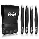 Pefei Tweezers Set - Professional Stainless Steel Tweezers for Eyebrows - Great Precision for Facial Hair, Splinter and Ingrown Hair Removal (Black)