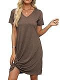 Miselon Womens Casual Cute Summer Dresses Knotted Beach Cover Up V Neck Tshirt Dress Coffee