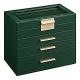 SONGMICS Jewelry Box Organizer with Glass Lid, 4-Layer Jewelry Storage, with 3 Drawers, Modern Style, 6 x 9.9 x 8.5 Inches, Forest Green and Gold Color UJBC161G01