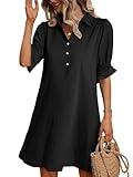 FENSACE Casual Summer Dresses for Women Work V Neck Shirt Sundress Black Shift Dress(Black,X-Large)