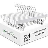 Amber Home 24 Pack White Wooden Pants Hangers with Clips, Wood Skirt Hangers Trouser Hangers for Jeans, Slacks, Shorts with 2-Adjustable Clips