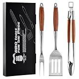 GRILAZ Heavy-Duty Rose Wooden BBQ Grilling Tools Set. Extra Thick Stainless Steel Multi-Function Spatula, Fork & Tongs | Essential Accessories for Barbecue & Grill. Ideal Gift for Father…