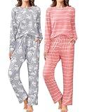 Ekouaer 2 Pack Women Pajama Long Sleeve Sleepwear Soft Loungewear Pjs Sets with Pockets S-XXL Pink Striped/Cat X-Large