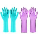 Elgood Reusable Dishwashing Cleaning Gloves with Latex free, Cotton lining,Kitchen Gloves 2 Pairs,Purple+blue large