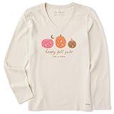 Life is Good. Women's Woodcut Celestial Pumpkins LS Crusher Vee, Putty White, X-Large