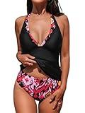 CUPSHE Women's Tankini Sets Halter V Neck Two Piece Bathing Suits Adjustable Straps Mid Rise Swimwear, M
