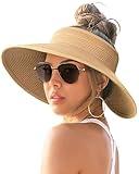 FURTALK Sun Visor Hats for Women Wide Brim Straw Ponytail Summer Beach Hat UV UPF Packable Foldable Travel Khaki