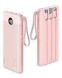 VRURC Portable Charger 10000mAh, Slim LED Display Power Bank, 5 Output 2 Input Cell Phone Battery Pack, Built-in Micro & USB C Cables Phone Charger Compatible with iPhone,Samsung,Android-Pink(1 Pack)