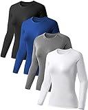 TELALEO 4 Pack Women's Compression Shirt Long Sleeve Performance Workout Baselayer Athletic Top Sports Gear-Black/Grey/White/Blue XX-Large