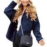 PRETTYGARDEN Women 2024 Fall Winter Fleece Jacket Long Sleeve Casual Button Fuzzy Sherpa Cropped Coats Outerwear with Pockets(Navy,X-Large)