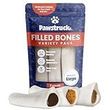 Pawstruck Large 5-6” Filled Dog Bones Variety Pack - Peanut Butter, Cheese & Bacon, Beef Flavors - Made in USA Long Lasting Stuffed Femur Treat for Aggressive Chewers - Pack of 3 - Packaging May Vary