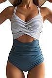 Eomenie Women's One Piece Swimsuits Tummy Control Cutout High Waisted Bathing Suit Wrap Tie Back 1 Piece Swimsuit Blue Striped