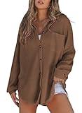 SHEWIN Womens Waffle Knit Shirts Casual Batwing Long Sleeve Shacket Lightweigt V Neck Button Up Tops with Pocket Spring Clothes for Women 2025, US 8-10(M), Coffee