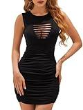 DRESSQUEEN Women's 2024 Sexy Bodycon Cut Out Ruched Mini Dress Sleeveless Going Out Tight Short Date Night Dresses Black