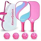 AboveGenius Pink Pickleball Paddles Set of 2, Cute Lightweight Fiberglass Surface Rackets, 2 Indoor and Outdoor Balls, 1 Carrying Bag, Pickleball Gifts for Women, Beginners