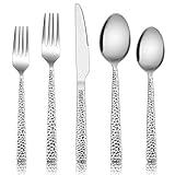 E-far Hammered Silverware Set, 40-Piece Stainless Steel Square Flatware Set for 8, Metal Tableware Cutlery Set Includes Dinner Knives/Forks/Spoons, Modern Design & Mirror Polished - Dishwasher Safe