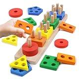 Montessori Toys for 1 2 3 Year Old - Wooden Baby Stacking Toys Sensory Educational Shape Sorter Color Sorting Toy for Toddlers 1-3, Christmas Stocking Stuffers Birthday Gifts for Baby Girls Boys Kids