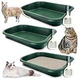 BNOSDM 3 Pcs Large Cat Litter Box Low Entry Litter Box for Senior Cat, Open Top Pet Litter Pan Tray with Scoops for Big Older Elderly Cats or Disabled Senior Cats, Easy to Clean (Dark Green)