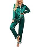 Ekouaer Women's Classic Button Down Long Satin Silk Pajama Set,X-Large,Deep Green