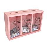 Mczxon Wooden Give Save Spend Money Saving Box for Kids, Money Coin Savings Piggy Bank Jar Box for Kid Safe Money Saver, Teach Children About Giving Saving Giving Money Piggy Box for Boys Girls, Pink