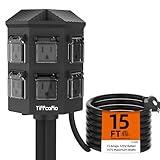 Outdoor Power Strip Weatherproof, 15 FT Extension Cord with Stake, 6 Grounded Weatherproof Outlets for Yard Decorations, 15A/1875W, ETL Listed