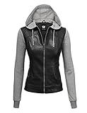 Lock and Love LL WJC1347 Womens Faux Leather Zip Up Moto Biker Jacket with Hoodie L Black_H.Grey