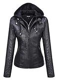 Springrain Women's Faux Leather Jacket Moto Biker Coat with Detachable Hood Motorcycle Jacket (X-Large, Black)