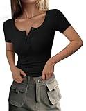PRETTYGARDEN Women's 2025 Spring Summer Short Sleeve Tops Ribbed Henley Button Slim Fit Basic Casual T Shirts Blouse Clothing (Black,Medium)