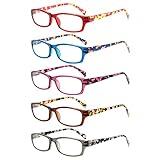 Kerecsen Reading Glasses 5 Pairs Fashion Ladies Readers Spring Hinge with Pattern Print Eyeglasses for Women (5 Pack Blue, 0.75)