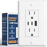 Amico 6.0A USB Outlet, 3-Port 30W Wall Outlets with 2 Type C & 1 Type A, 15 Amp Receptacle Plug, Tamper Resistant Receptacle, Wall Plate Included, ETL Listed, White, 1 Pack
