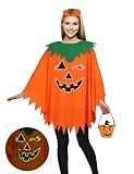 qqpouc Halloween Pumpkin Costume for Women Kids,Glow in the Dark Adult Halloween Costume with Poncho,Headband & Bag