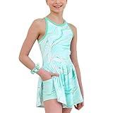 MODAFANS Girls Tennis Golf Dress Sleeveless Athletic Pleated Outfits Sets Built in Shorts with Pockets Aqua Marble,6-7Years