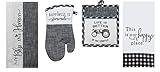 4 Piece Black and White Farmhouse Country Kitchen Linen Set - 2 Towels, Oven Mitt and Pocket Pot Holder