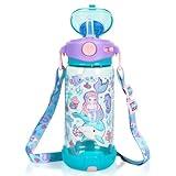 Kids Water Bottle with Straw & Strap for School Kids Girls Boys, 22oz BPA Free Child Drinking Water Bottle One-Click-Open Leak-Proof Locking Flip Lid for Back to School Sport Travel