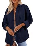 Astylish Long Lantern Sleeve Shirts for Women Fashion Fall Outfits V Neck Button Down Loose Fit Elegant Oversized Cable Textured Shacket Knit Jacket Navy Blue Medium