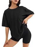 ATHMILE Womens Oversized T Shirts Loose Fit Crewneck Short Sleeve Tops Summer Casual Blouse Y2K 2024 Basic Tee Black