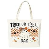 seclate Trick or Treat Tote Bag, Halloween Gifts for Women, Bow Ghost Reusable Canvas Shoulder Bags for Travel Shopping Beach - P03