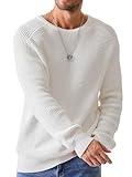 JMIERR Men's Crewneck Pullover Sweater Waffle Textured Knitted Sweaters Classic Casual Winter Sweaters with Ribbing Edge,US 40(M),White