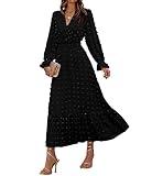 BTFBM Women Fall Dresses 2023 Long Sleeve V Neck Swiss Dots Maxi Dress Boho Long Dress High Waisted A-Line Ruffle Dress(Solid Black,Medium)