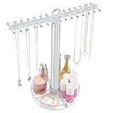 STORi Clear Plastic Hanging Necklace Organizer Stand, Store Perfume Bottles and Makeup in the Divided Vanity Tray, Necklace Holder with 30 Peg Hangers, Made in USA