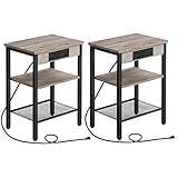 HOOBRO End Tables Set of 2 with Charging Station and USB Ports, 3-Tier Nightstands with Adjustable Shelves, Small Side Tables for Small Space in Living Room, Bedroom and Balcony, Greige BG112BZP201