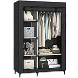 Buzowruil Canvas Wardrobe Portable Closet Wardrobe Clothes Storage with 6 Shelves and Hanging Rail,Non-Woven Fabric, Quick and Easy Assembly,Black