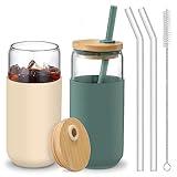 20 OZ Glass Cups with Bamboo Lids and Straws - Beer Can Drinking Glasses with Silicone Protective Sleeve Set, Iced Coffee Glasses, Cute Tumbler Cup for Water, Tea, Gift - Cambridge Blue, Amber